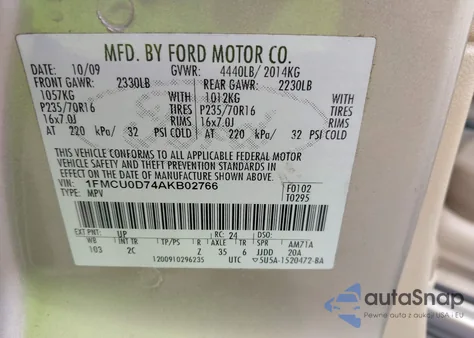2010 Ford Escape Xlt from USA, damaged, VIN 1FMCU0D74AKB02766